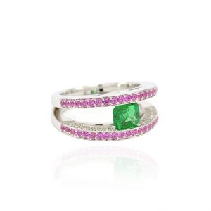 Bague Emeraude, Saphirs roses et Diamants 3