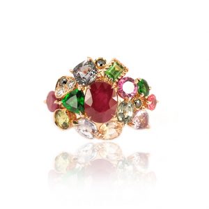 Bague Jungle, or rouge et pierres précieuses 1