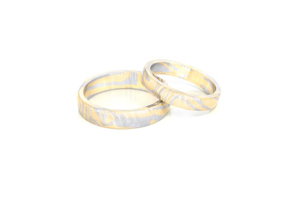 Alliances Mokume Gane, or blanc et jaune 18k 3