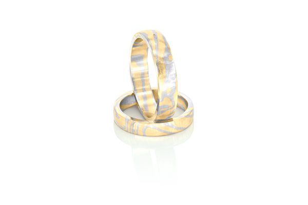 Alliances Mokume Gane, or blanc et jaune 18k 2