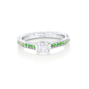 Solitaire en or blanc 18k, diamant et tsavorites 5